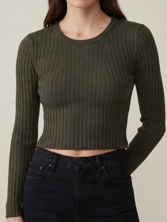 Aritzia Tops - ARITZIA BABATON Olive Green Wool Linen Blend Ribbed Long-Sleeve Crewneck Top